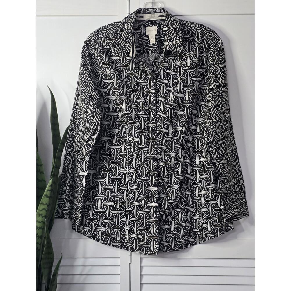 Chico's Non-Iron Button Front Blouse Long Sleeves White Black Geo Print Size 0